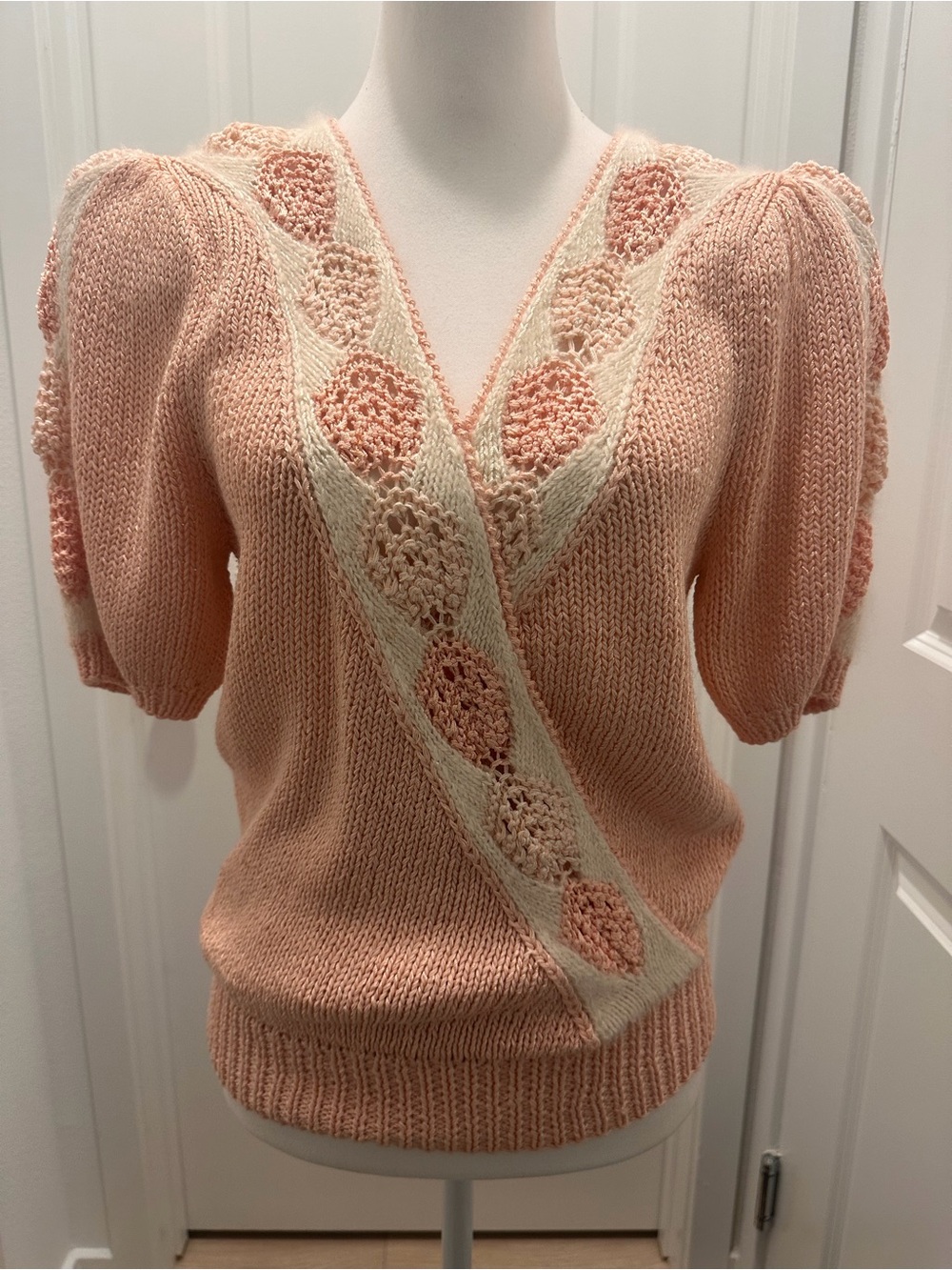 Vintage 80s Nannell Pink Hand Knit Puff Sleeve Asymmetrical Faux Wrap Sweater M